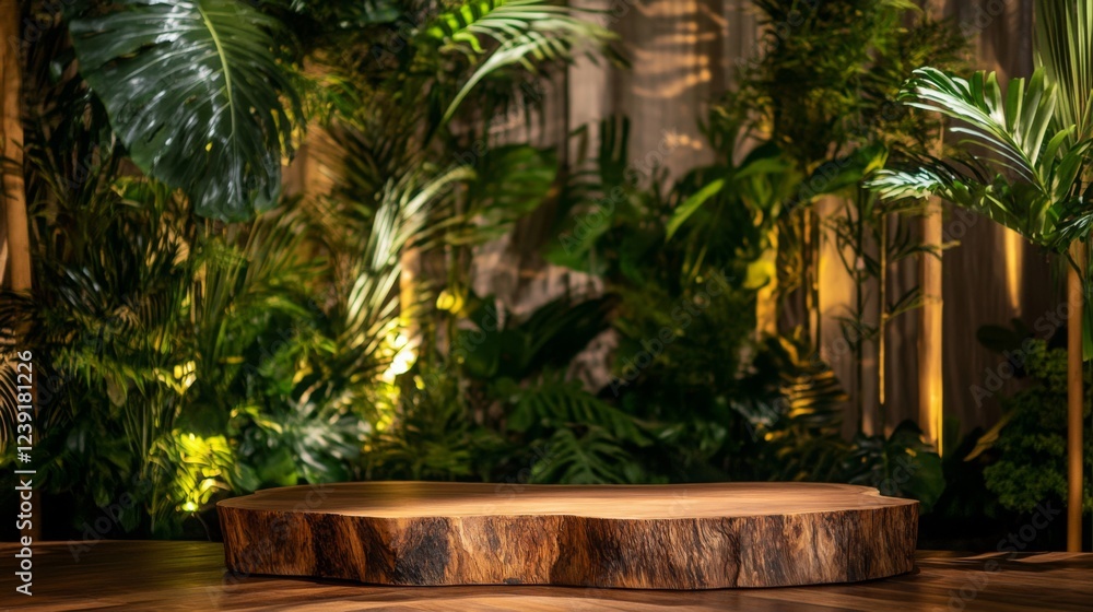 Poster A natural wooden podium is positioned in front of vibrant foliage, creating an inviting and innovative atmosphere for a spring event focused on artificial intelligence technology.