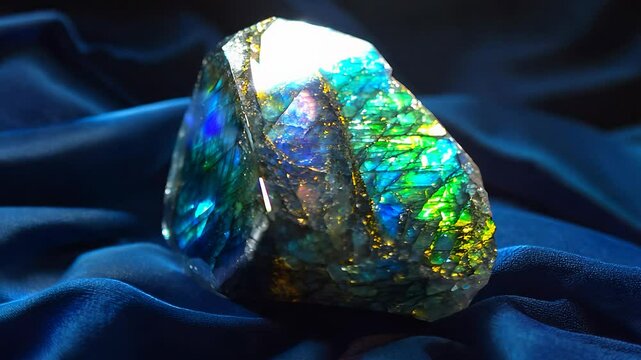 Labradorite gemstone with iridescent blue, gold, and green hues rests on dark blue velvet. Close up view showcasing its vibrant colors and unique texture