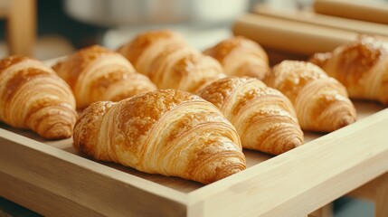 Freshly baked croissants arranged on a wooden tray, natural light, cozy rustic kitchen background, with visible baking tools and rolling pin in soft focus