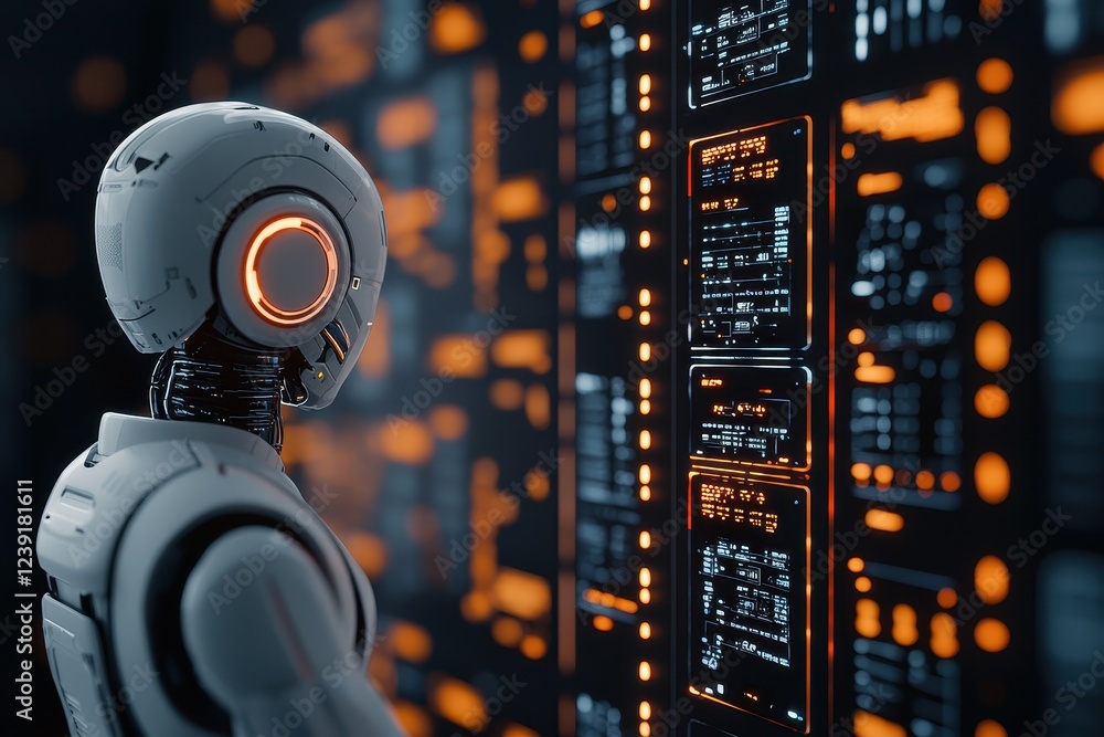 Aufkleber business sales automated concept. a futuristic robot interacts with a glowing data interface in a hi