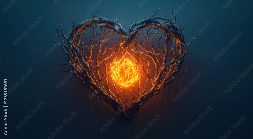 Poster a heart-shaped arrangement of branches encircles a glowing orb, creating a striking visual represent