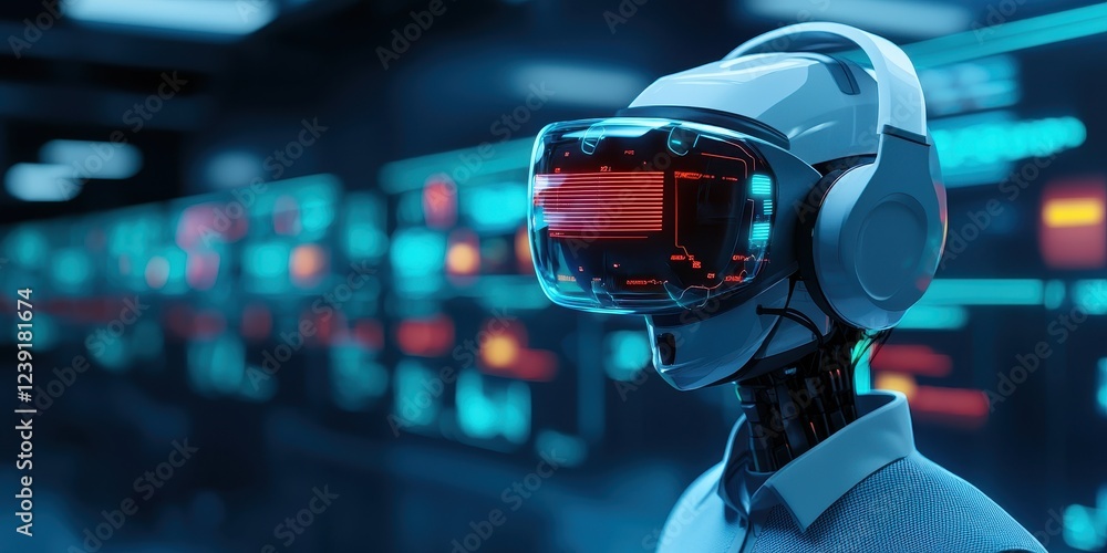 Poster business sales automated concept. futuristic robot wearing a virtual reality headset in a tech envir