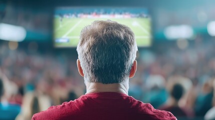 Man Watching Live Telecast of Major Sporting Event with Focused Expression in Bustling Stadium Atmosphere