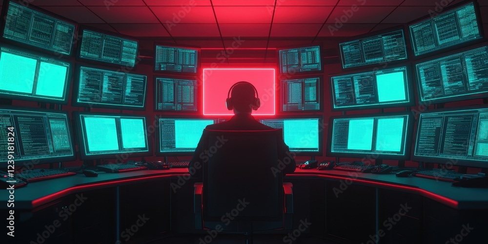 Poster business sales automated concept. a figure sits in a dark room surrounded by multiple glowing screen