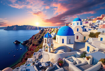 Obraz premium Breathtaking view of Santorini at sunset, showcasing iconic blue domes, white buildings, and stunning coastal scenery. perfect blend of nature and architecture