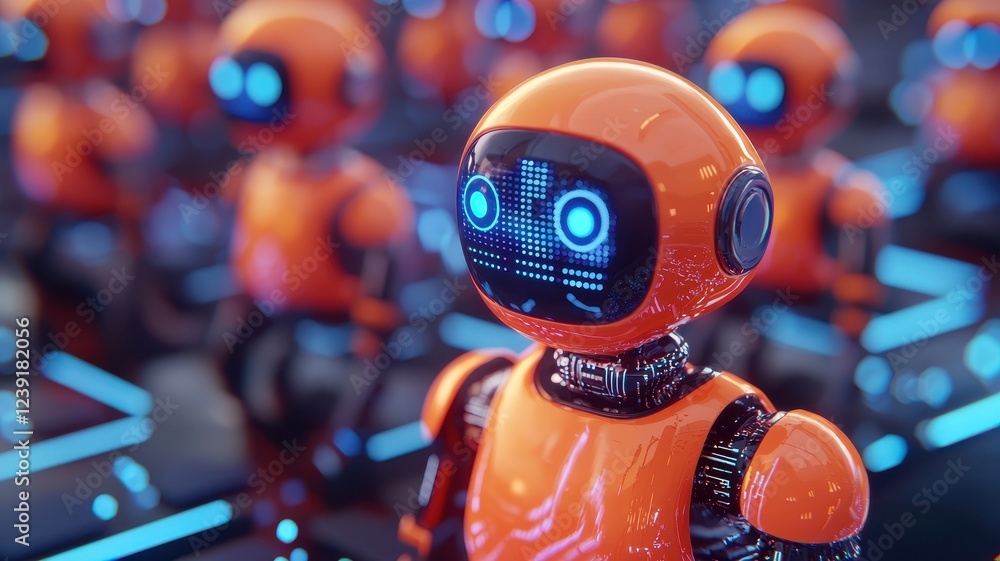 Aufkleber business sales automated concept. vibrant robots with glowing features in a futuristic setting.