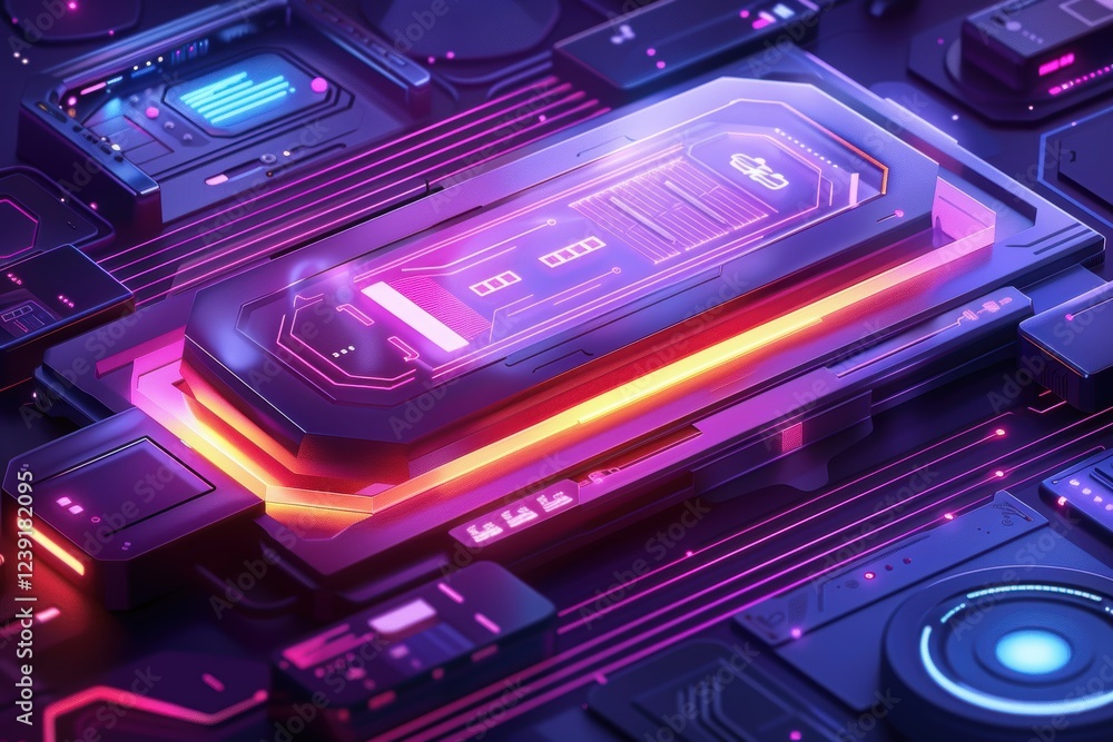 Poster futuristic holographic data dashboard with neon progress bar for digital interfaces
