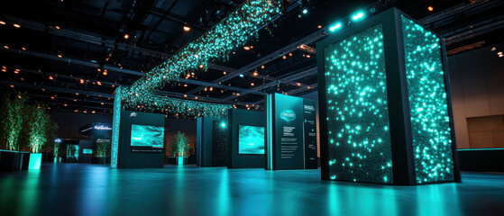 professional trade show booth with turquoise lighting and modern design