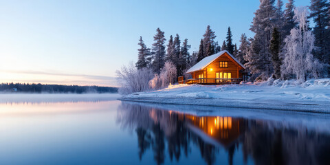 Fototapeta premium quiet lakeside cabin reflected in still water at dusk