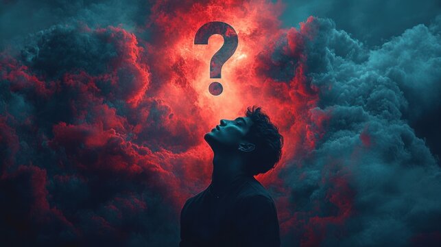 Surreal contemplation of a young man beneath a glowing red question mark in a vibrant atmospheric sky