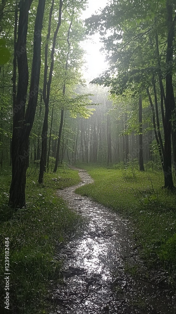 Poster raindrops fall softly on a tranquil forest clearing, where vibrant trees stand tall. a winding path 