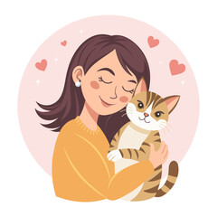 Cute happy young woman hugging cat. Cat lover. Pet owner. Flat style illustration.