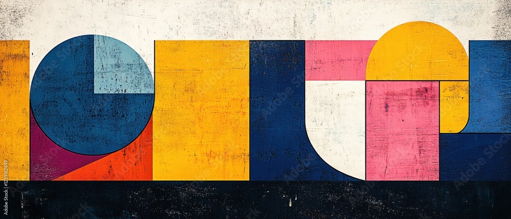 Poster abstract geometric composition with circles and rectangles in vibrant colors on textured surface