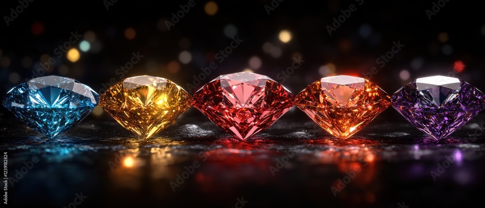 Aufkleber five colorful diamonds shimmering on dark surface with bokeh lights in the background
