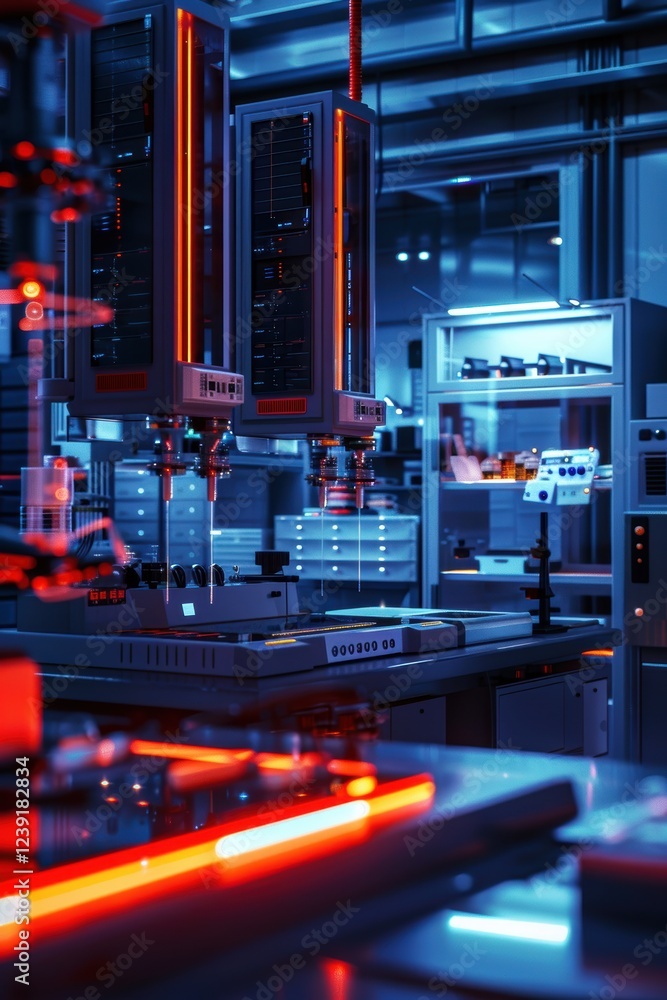 Poster futuristic research lab with advanced ai robotic systems for industrial applications