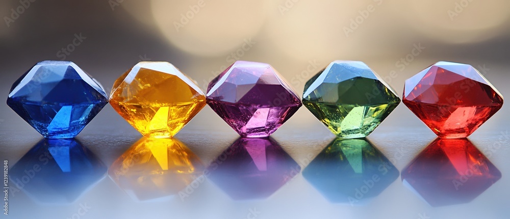 Poster row of colorful faceted glass gems reflecting light on a smooth surface in a soft focus shot