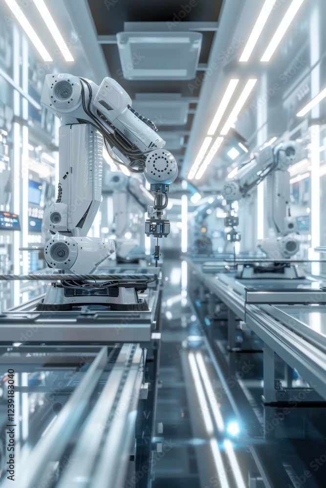 Poster futuristic assembly line with robotic arms and engineers overseeing electronics production