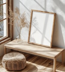 Minimalist Scandinavian Interior Scene with Wooden Table and Empty Picture Frame Natural Lighting