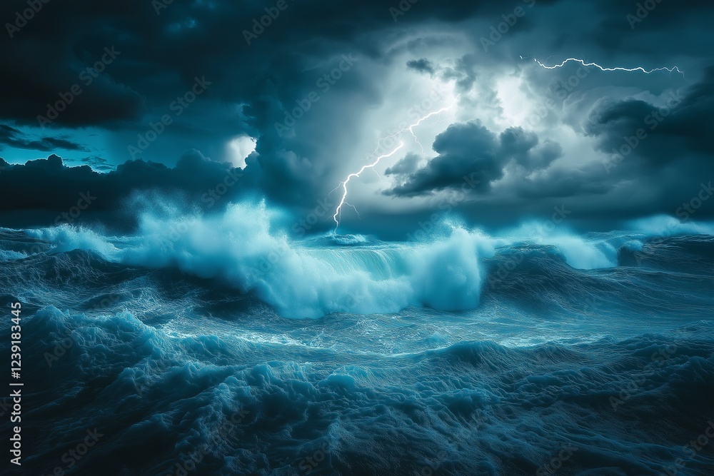Poster a stormy ocean with lightning illuminating massive crashing waves