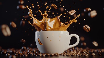 A perfect coffee explosion in a white cup, with freshly brewed coffee cascading and splashing, highlighted by a warm, inviting background of coffee beans.