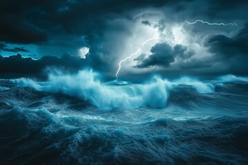 Obraz premium A stormy ocean with lightning illuminating massive crashing waves