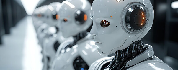 Fototapeta premium Row of Futuristic Humanoid Robots in Technology Lab