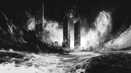 Fototapeta premium Dark Towers Submerged In A Tempestuous Sea
