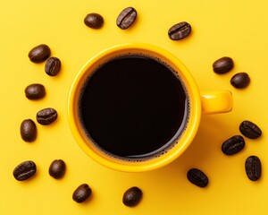 Obraz premium A top-down view of a bright yellow coffee cup filled with rich, dark coffee, surrounded by scattered roasted coffee beans on a matching yellow background.