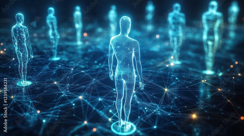 Poster futuristic global digital network visualization of human connections and technology on earth map