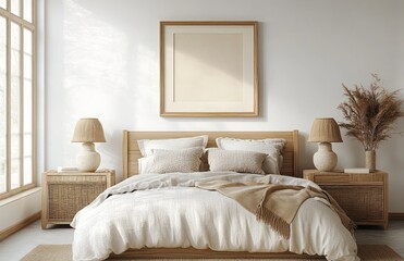 Serene Minimalist Scandinavian Bedroom Interior with Cozy Wooden Bed and Soft Natural Lighting