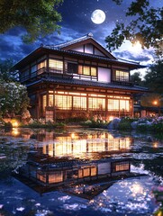 Obraz premium Tranquil japanese house illuminated at night with full moon and water reflection