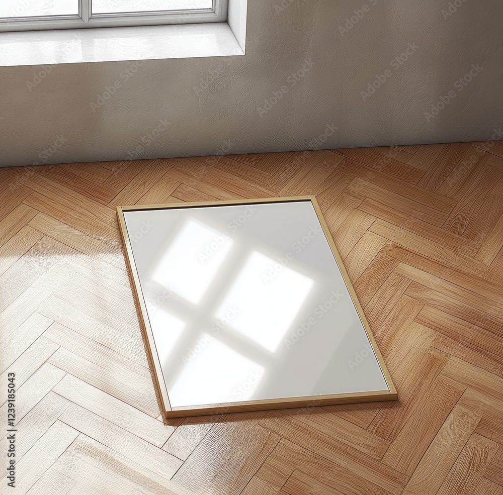 Poster large empty rectangular mirror on herringbone wooden floor with symmetry in minimalist interior scen