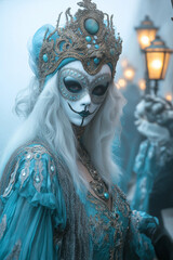 Photo d'une soirée brumeuse à Venise pendant le carnaval, avec des figures masquées mystérieuses en costumes baroques, gens, personnes, costumes vénitiens, mascarade, traditionnel