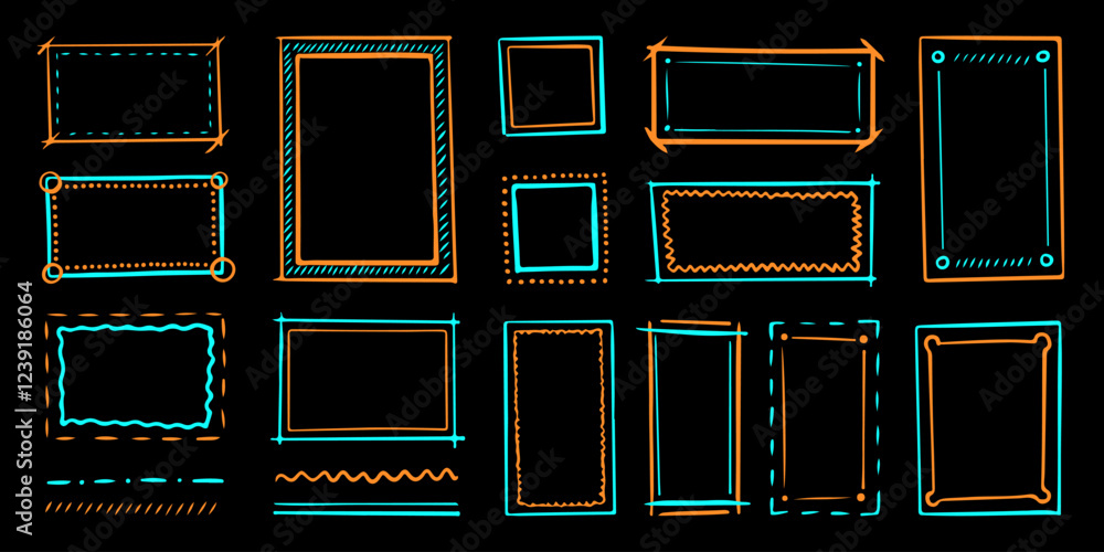Poster empty frames and picture borders for text or images, bright outline on the dark background. set of g