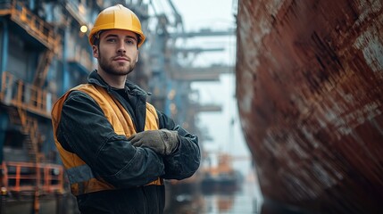 Young worker stands confidently at shipyard with large vessel in background during overcast day