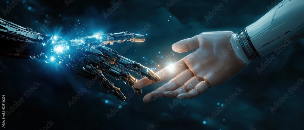 Poster Human and Robot Hand Connection in Futuristic Technology and Artificial Intelligence Innovation