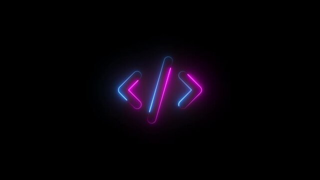code symbol icon animation neon glow on black background