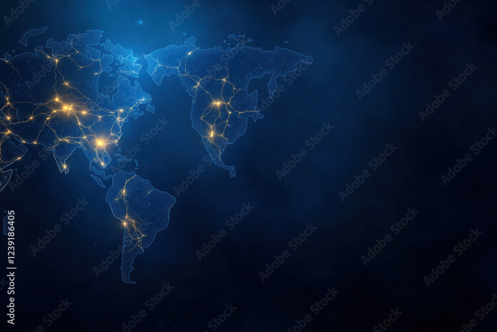Poster global network connections illuminated on a dark map representing theoretical routes