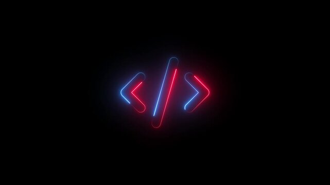 code symbol icon animation neon glow on black background