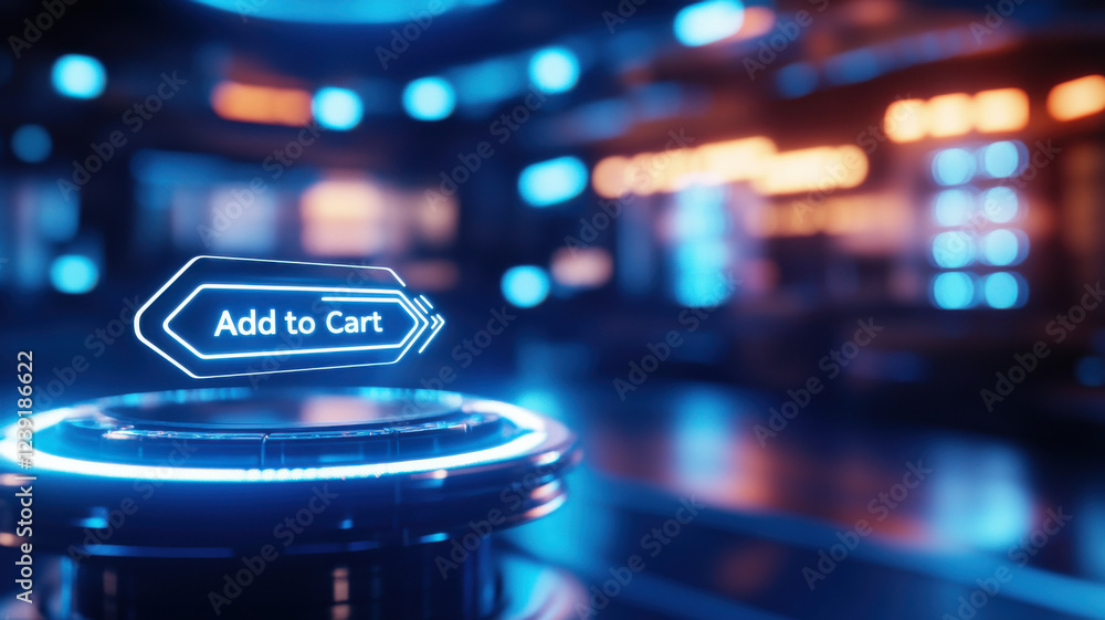 Poster futuristic digital add to cart button in glowing 3d environment