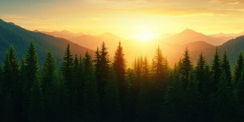 Obraz premium Sunrise over forest with mountains in background, creating serene scene