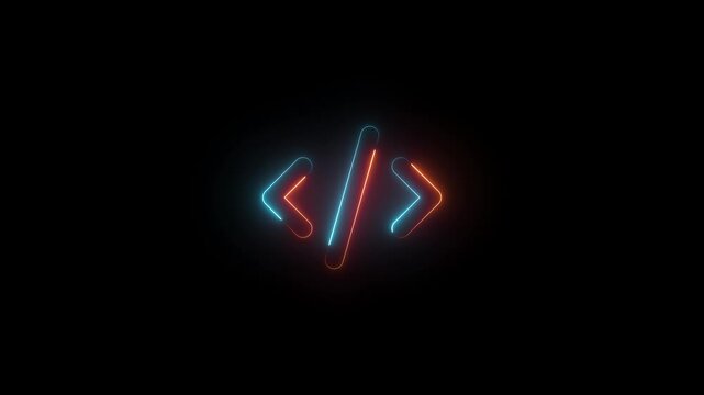code symbol icon animation neon glow brown and cyan color on black background