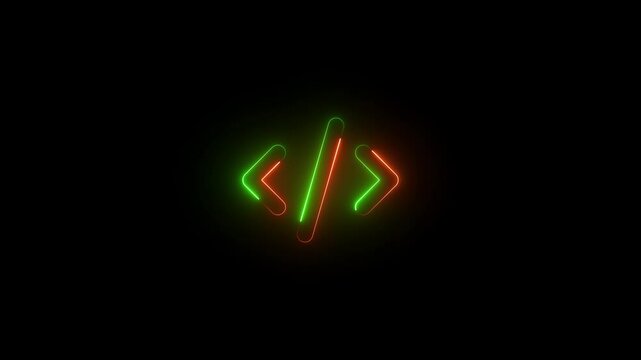 code symbol icon animation neon glow brown and green color on black background