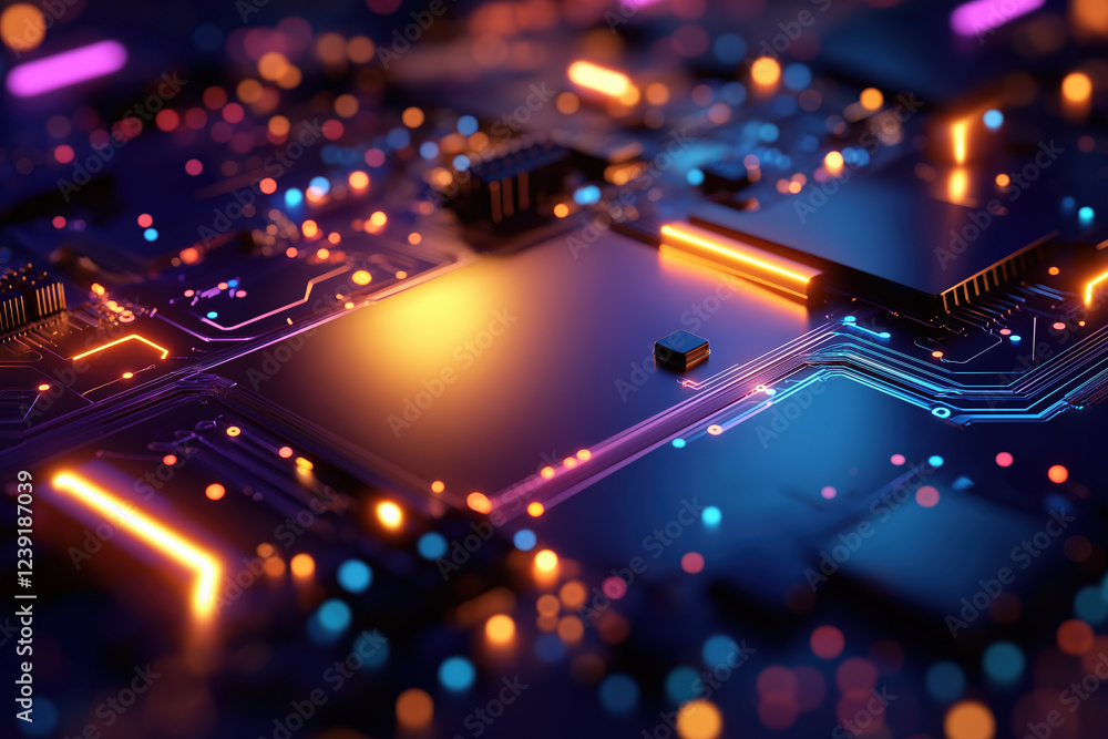 Poster colorful circuit board with glowing components in a high-tech setting