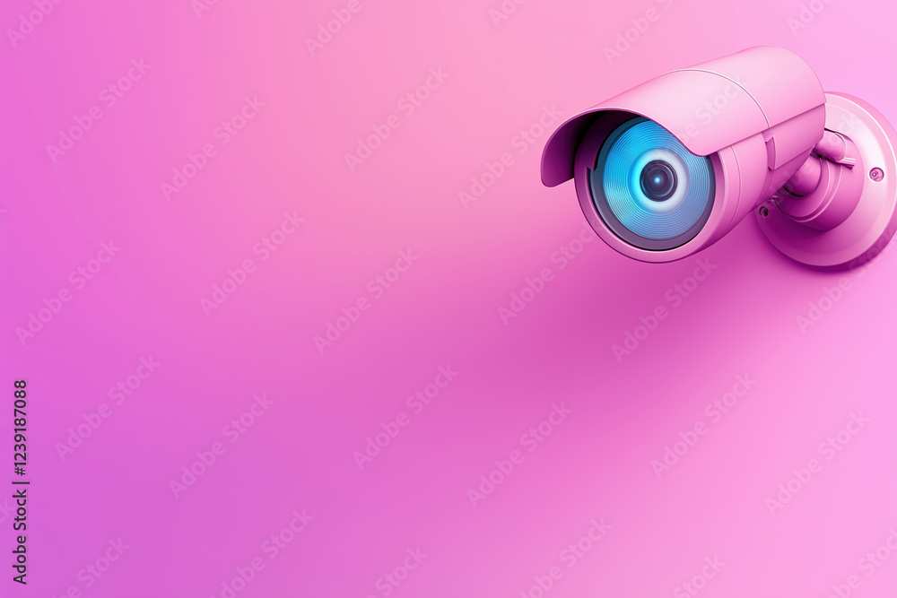 Poster pink security camera against a gradient background in a modern design setting