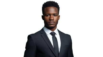 Serious businessman wearing suit and tie posing on transparent background