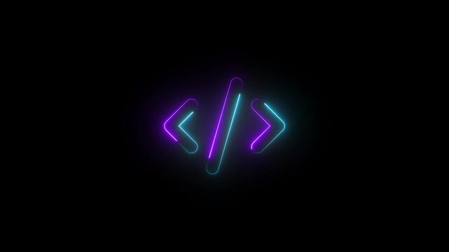 code symbol icon animation neon glow cyan and purple color on black background