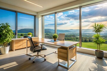 Fototapeta premium Sabbatical: A Break From Work - Modern Office Building With Empty Desk And Open Window