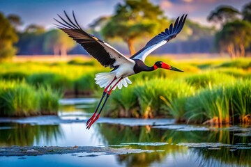 Naklejka premium Saddle-billed Stork in Okavango Delta, Botswana: Majestic African Bird in Flight