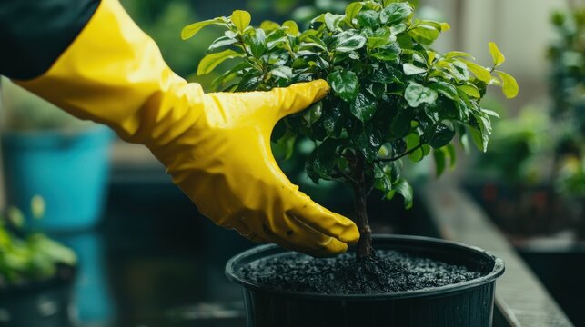 Gardener's hand tending bonsai, greenhouse background, plant care